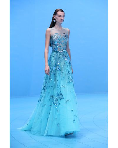 Georges Hobeika Beaded Tulle Illusion Sleeveless Gown - Blue