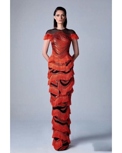 Edward Arsouni Short Sleeve Fringe Column Gown - Red