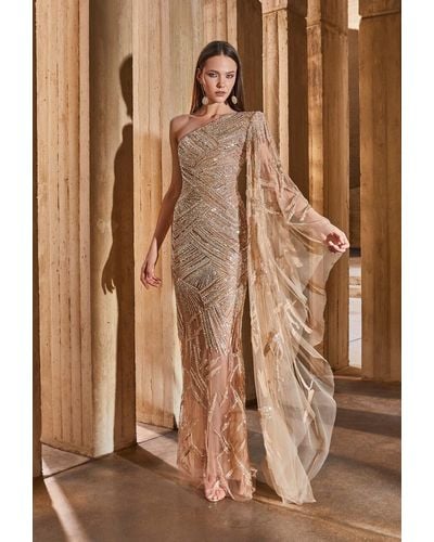 Tony Ward One Shoulder Gold Beaded Gown - Brown