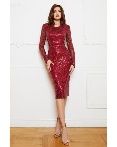 Cristallini Sequin Open Back- Cocktail Dress - Red