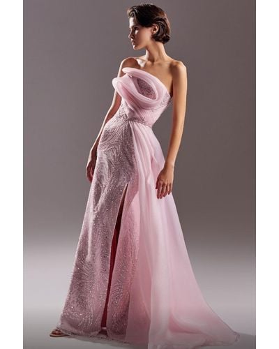 Gaby Charbachy Elegant Swirls Crystal Lace Gown - Purple