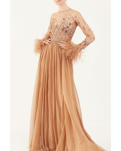 Zuhair Murad Feathered Trim Gown - Brown