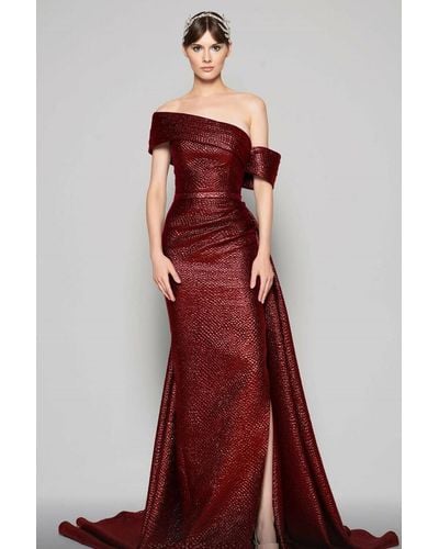 Mnm Couture Off Shoulder Draped Slit Gown - Red
