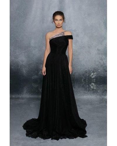 Tarik Ediz Embellished One Shoulder /chiffon Gown - Black