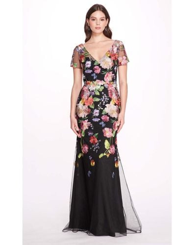 Marchesa Embroidered Floral V-neck Gown - Multicolor