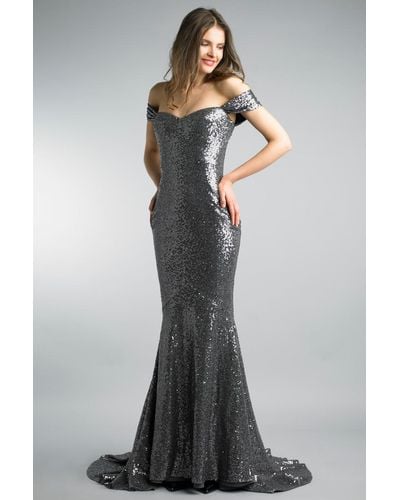 Basix Black Label Charcoal Sequined Evening Gown - Gray