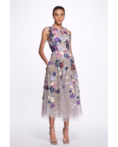 Marchesa Embroidered Floral A-line Midi Dress - Multicolor