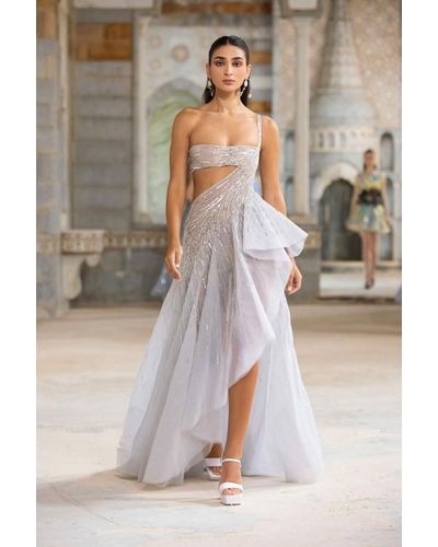 Georges Hobeika Beaded- Tulle With Ruffle Slit Gown - Multicolor