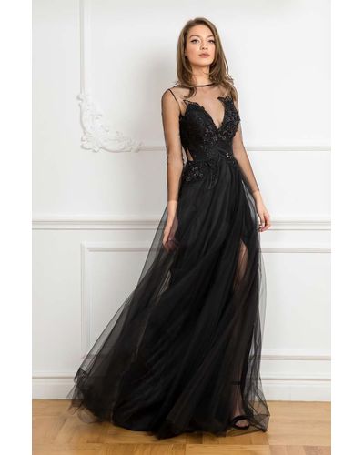 Cristallini Sheer Long Sleeve Beaded A-line Evening Gown - Black