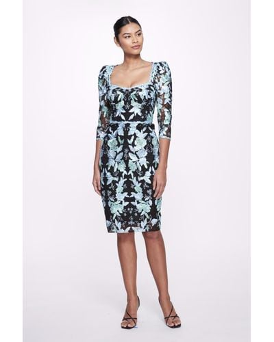 Marchesa Fitted 3/4 Sleeve Dress - Multicolor