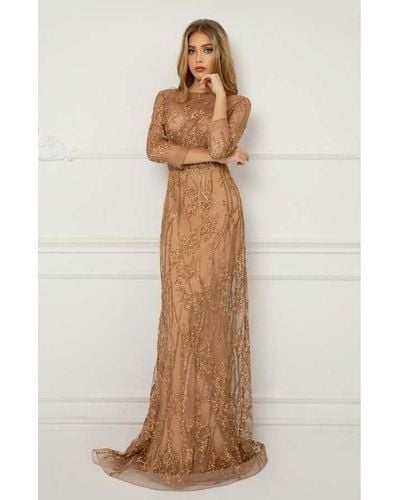 Cristallini 3⁄4 Sleeve Embroidered Tulle Gold Gown - Multicolor