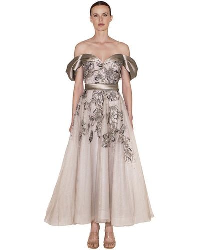 Reem Acra Beaded Tulle Tea-length Gown - Natural