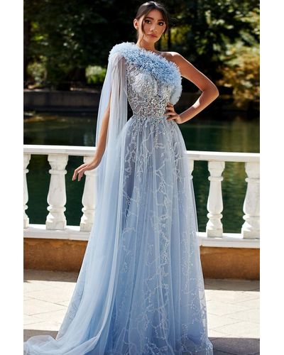 Mnm Couture One Shoulder Cape Sleeve Gown - Blue