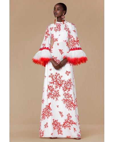 Andrew Gn Long Feather Sleeve Gown - Red