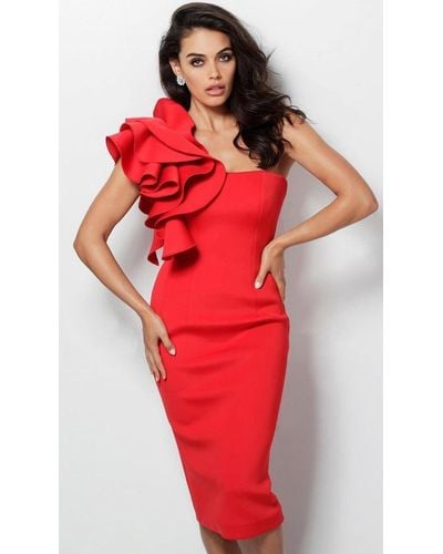 Jovani 63550 Ruffle One Shoulder Knee Length Sheath Dress - Red