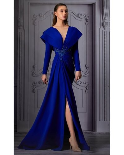 Mnm Couture Long Sleeve Draped Shoulder-slit Gown - Blue