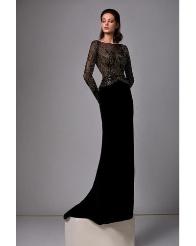 Edward Arsouni Beaded- Long Sleeve Velvet Gown - Black