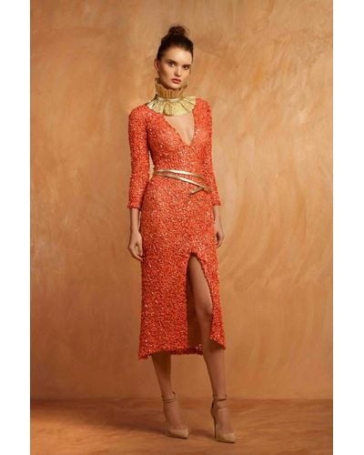 Gemy Maalouf 3/4 Sleeve Coral Dress - Orange