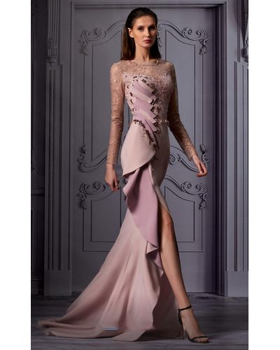 Mnm Couture Long Sleeve Illusion Neck Slit Gown - Multicolor