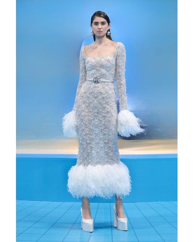 Georges Hobeika Beaded Lace Dress With Feather Trim - Blue