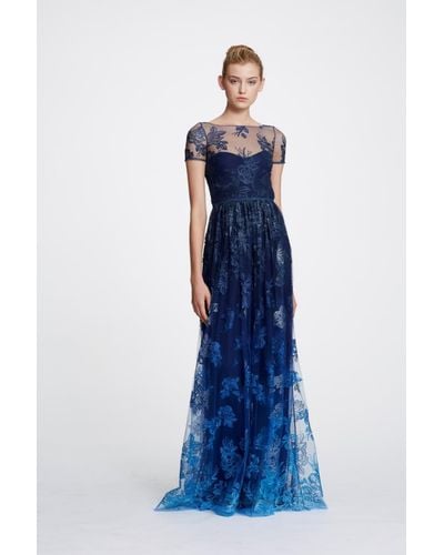 Marchesa Short Sleeve Metallic Ombre Gown - Blue