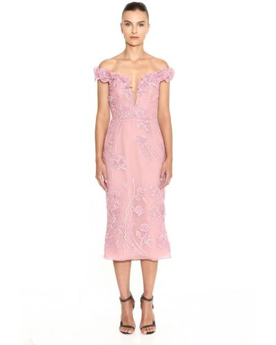 Marchesa Off Shoulder Re-embroidered Beaded Lace Midi Dress - Multicolor