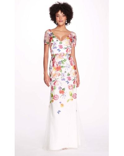 Marchesa Embroidered V-neck Floral Gown - White