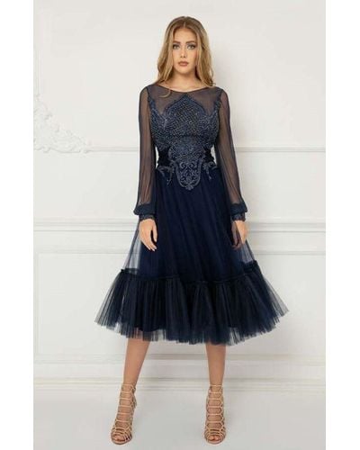 Cristallini Long Sleeve- Embroidered Midi Dress - Blue