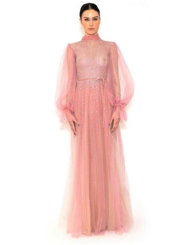 Reem Acra High Neck Embroidered Long Sleeve Gown - Pink
