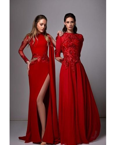 Edward Arsouni Elbow Sleeve /mousseline Gown With Lace - Red