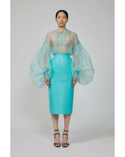 Del Core Organza Blouse And Leather Skirt - Blue