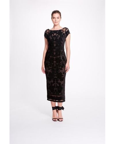 Marchesa Cap Sleeve Velvet Cutwork Tea-length Dress - Black
