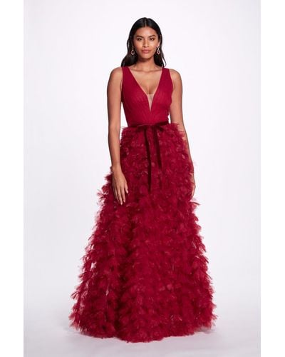 Marchesa Plunging A-line Gown - Red
