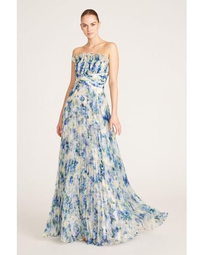 THEIA Ingrid Ruffle Pleated Gown - Blue