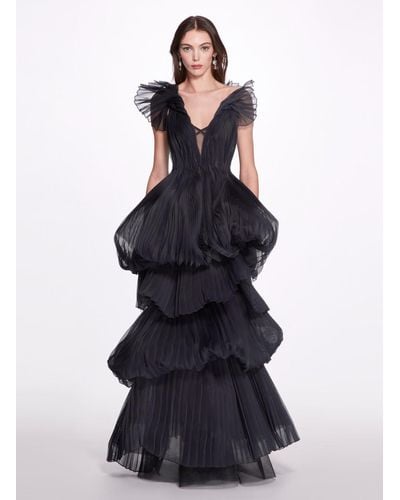 Marchesa Multi-tiered Black Pleated Gown - Blue