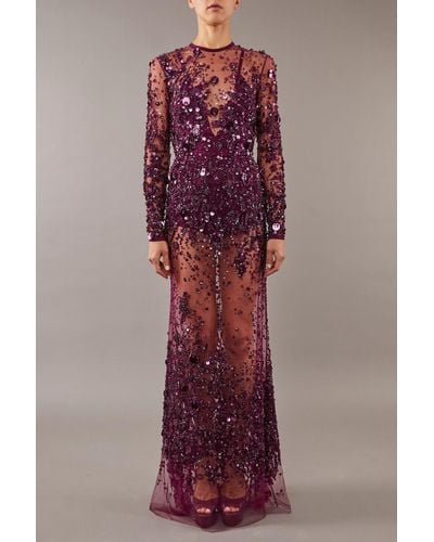 Elie Saab Beaded Embellished Long Sleeve Gown - Purple
