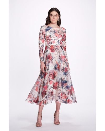 Marchesa Long Sleeve/ Floral A-line Midi Dress - Red