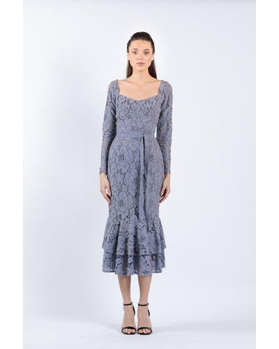 ZEENA ZAKI Long Sleeve Dantel Midi Dress - Blue