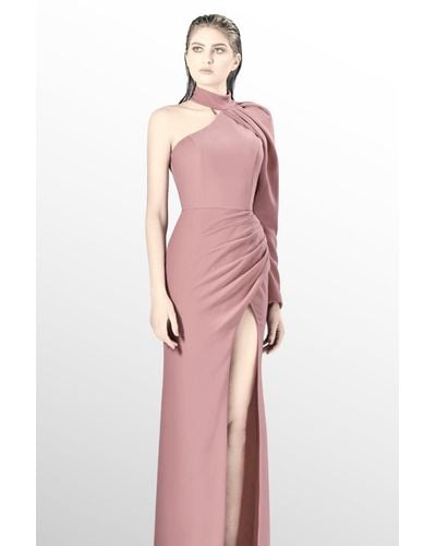 Mnm Couture One Sleeve -column Slit Gown - Pink