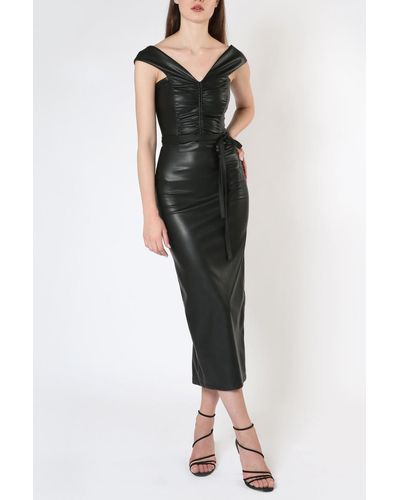 ZEENA ZAKI Wide V-neck Leather Dress - Black