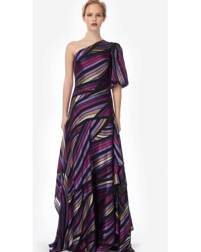 Costarellos Stripe-print One-shoulder Gown - Purple