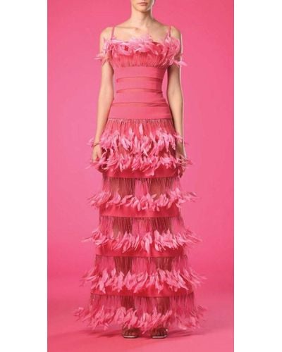 Jean Louis Sabaji Tiered Feather Strapless Gown - Pink