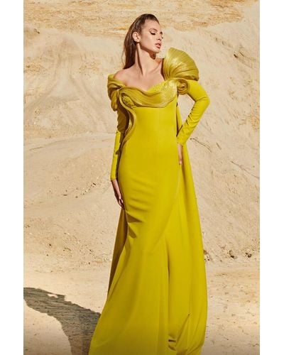 Fouad Sarkis Long Sleeve Sculpted-gown - Yellow