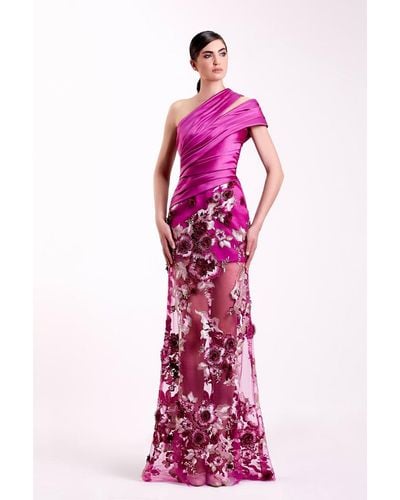 Edward Arsouni One Shoulder/ Crepe And Satin Gown - Purple