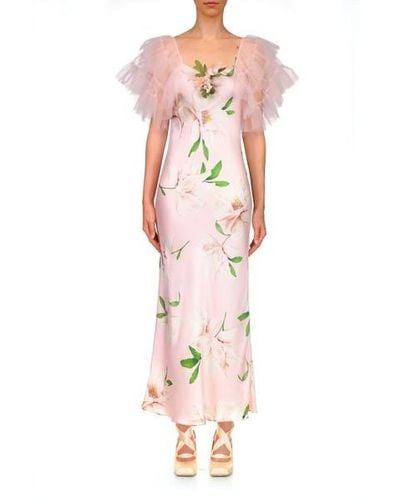 Rodarte Floral Printed Silk Satin Midi Dress - Pink