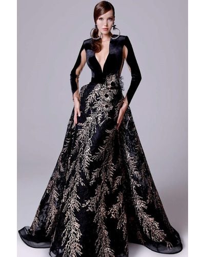Fouad Sarkis Embroidered Applique Gown - Black