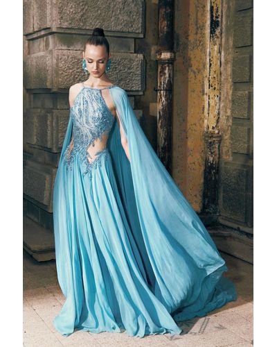 Tony Ward Embroidered Mousseline Gown With Asymmetrical Cape - Blue