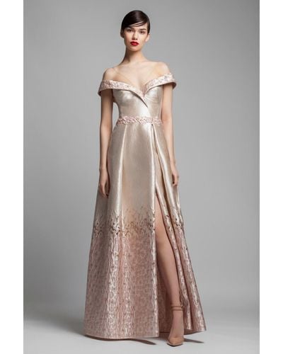 Gemy Maalouf Off-shoulder Pink Gold Illusion Evening Gown - Brown