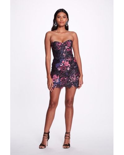 Marchesa Floral Sweetheart Neck Mini Dress - Red