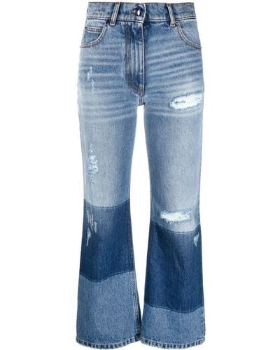 8 MONCLER PALM ANGELS Blue Patchwork Ripped-detail Cropped Jeans